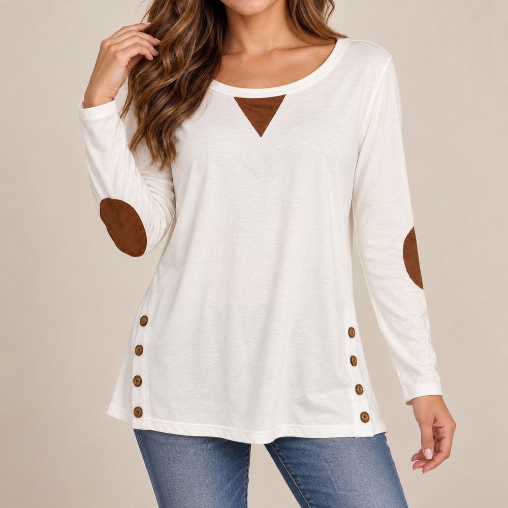 L 225 Spadehill White Cotton Tunic Faux Suede Elbow Patches Side Button Accents